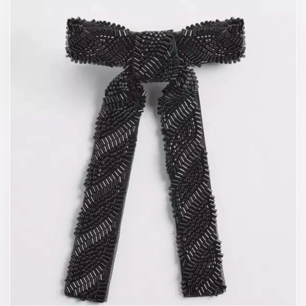 Elegant Black Beaded Bow Barrette